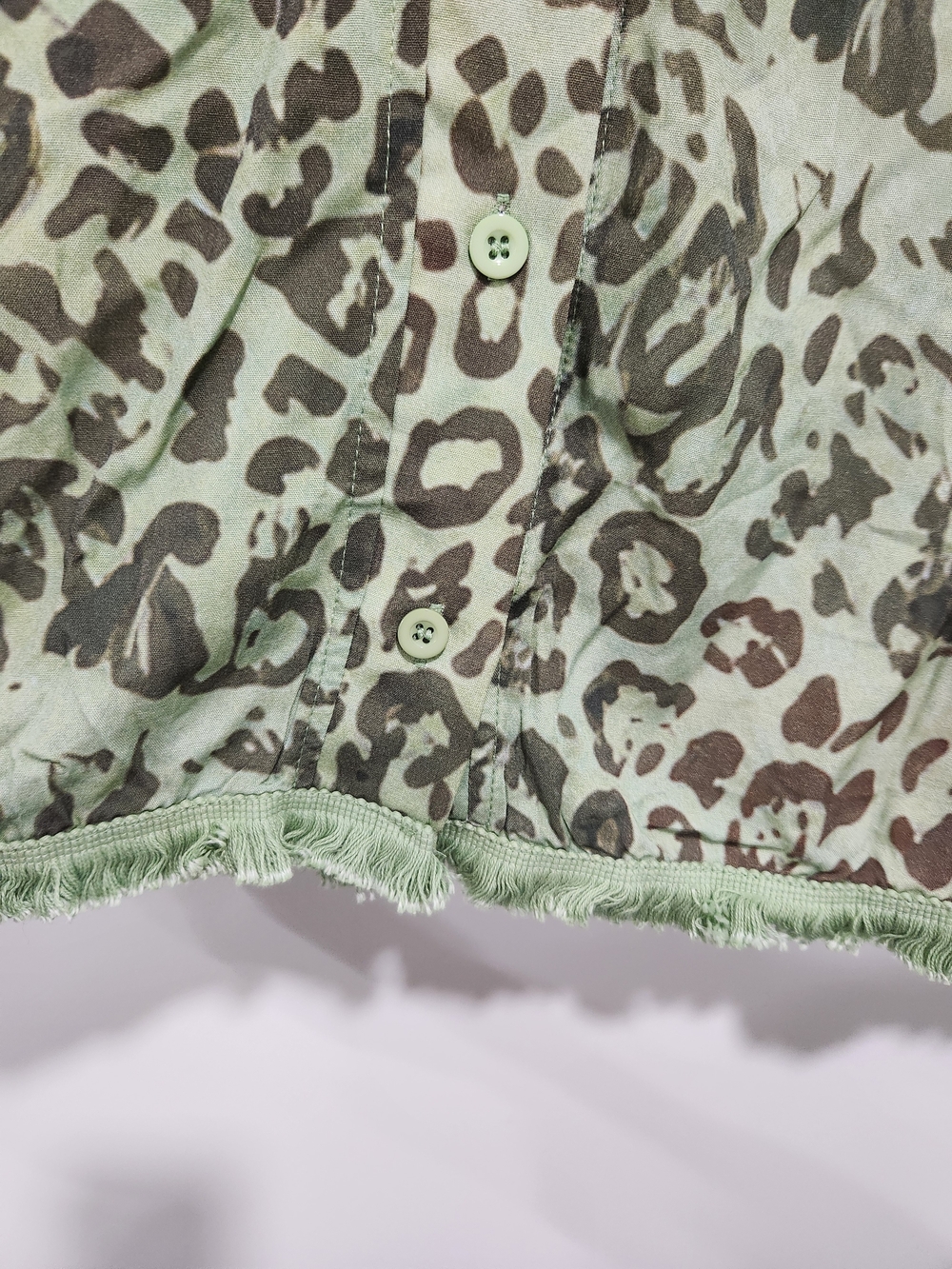 Olive Green Leopard-Print Ruffle Button Front Blouse - Picture 3 of 8